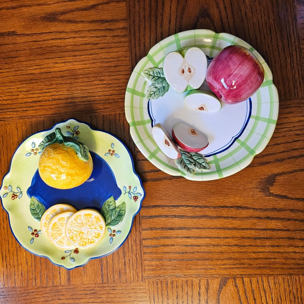 Bella Casa by Ganz Ceramic 3D Fruit Decorative Plates Apple Lemon Set of 2